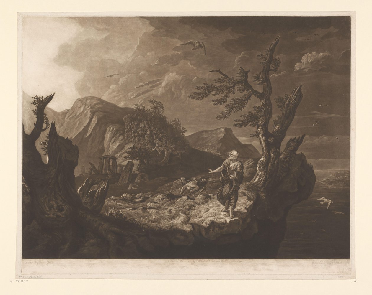 Stormfullt landskap med bard på kanten av en klippe av John Raphael Smith