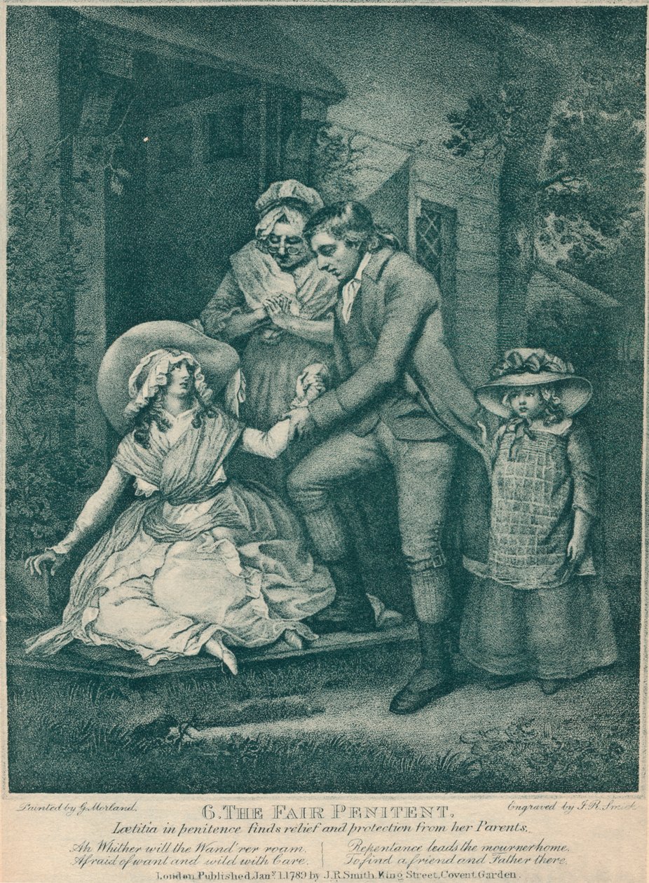 The Fair Penitent: Laetitia in Penitence finner lindring og beskyttelse fra sine foreldre, 1789 av John Raphael Smith