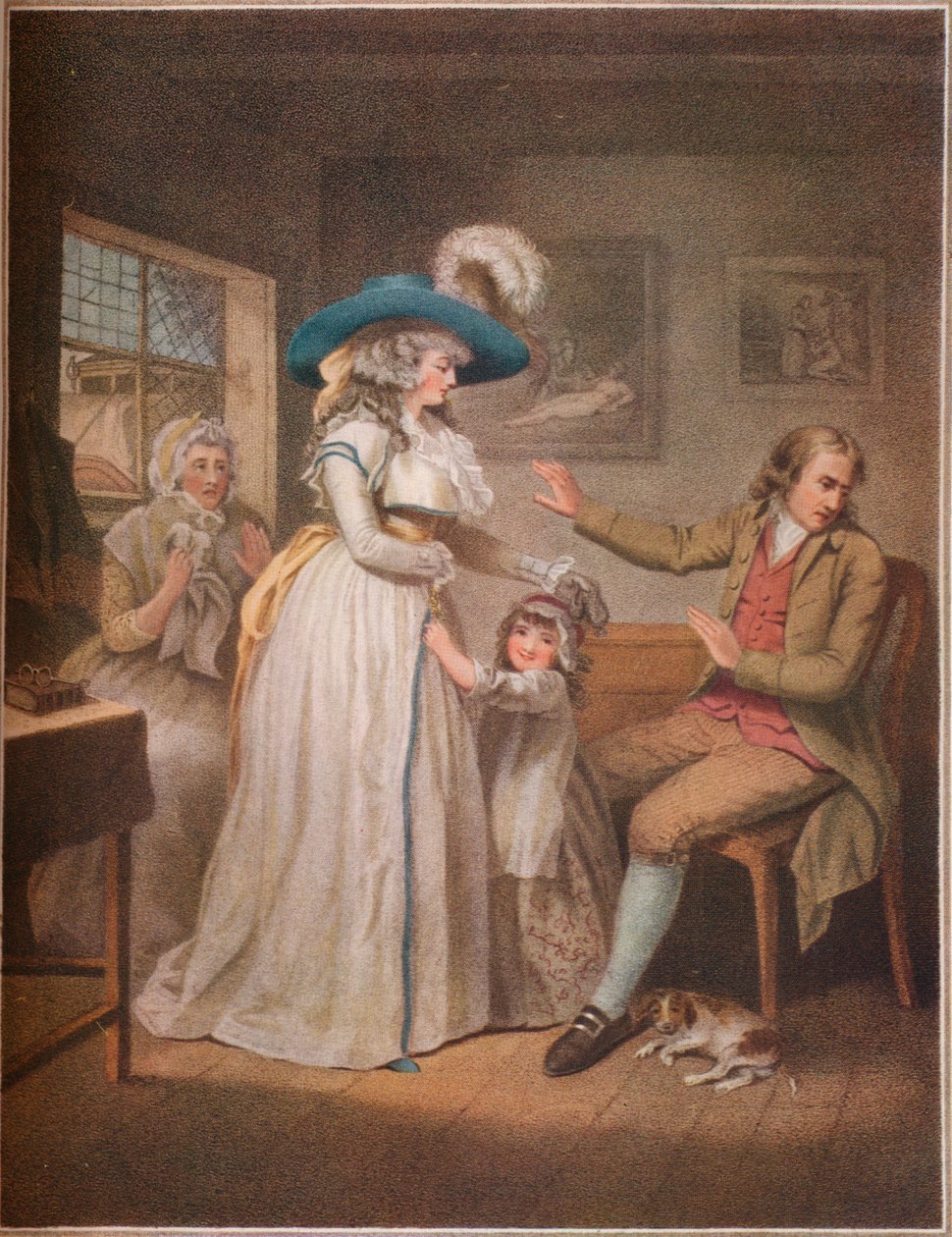 Den dydige forelderen. Laetitia bestreber seg forgjeves av foreldre for å forsone sine foreldre, 1789 av John Raphael Smith