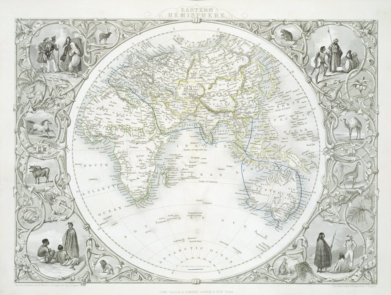 Den østlige halvkule, fra en serie verdenskart utgitt av John Tallis und Co., New York og London, 1850-tallet av John Rapkin