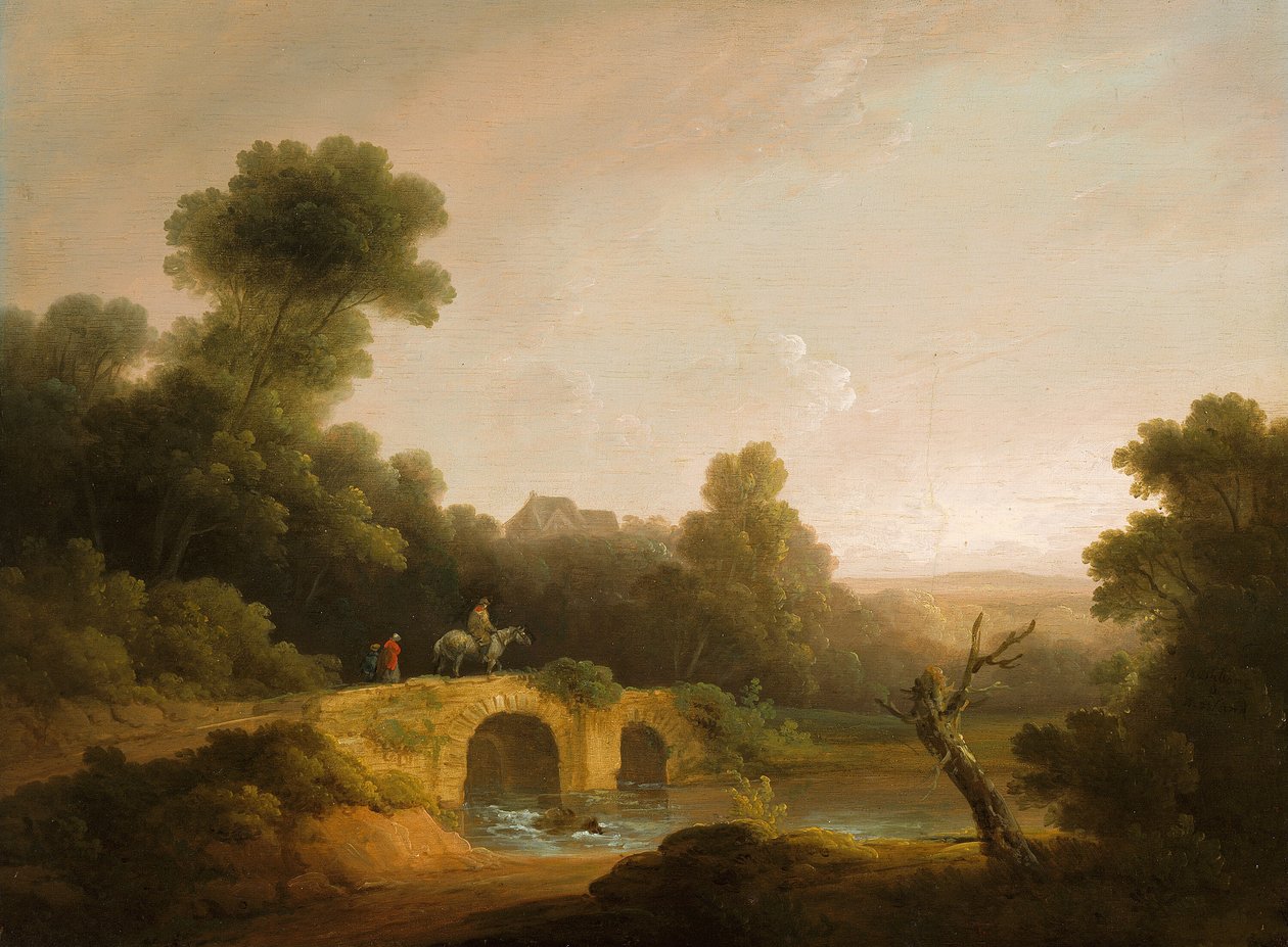 Landskap med figurer som krysser en bro, 17901800 av John Rathbone