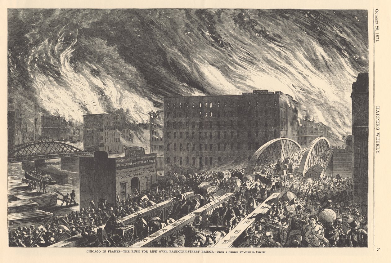 Chicago i flammer - rush for livet over Randolph Street Bridge, illustrasjon fra Harpers Weekly, 1871 av John Reuben after Chapin