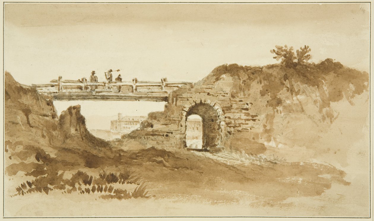 Midlertidig bro på Coronation Road overfor New Gaol, ca. 1821 (blyant- og sepiavask på papir) av John Reverend Eden