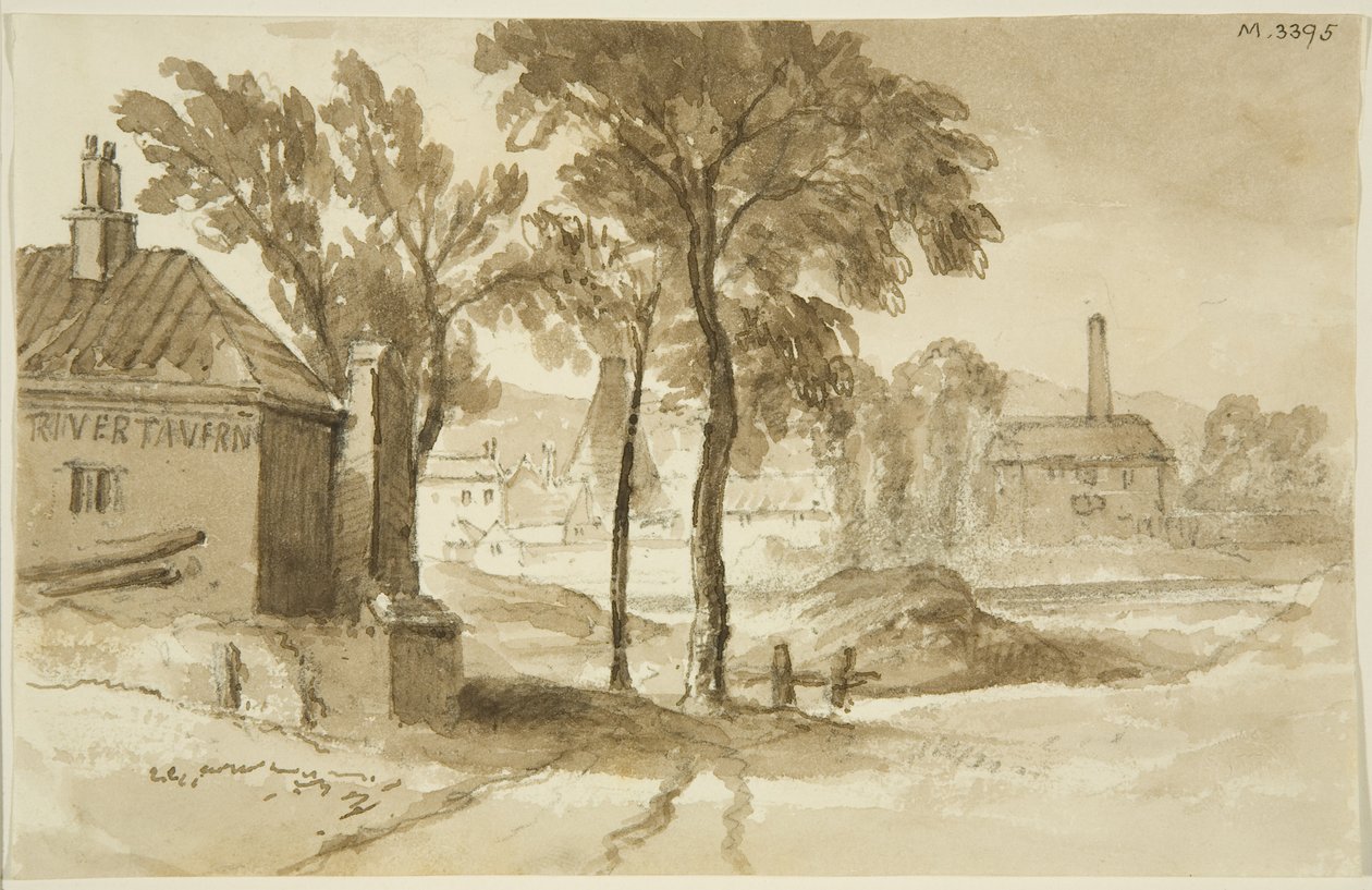 Utsikt nær Mardyke, Limekiln Lane Glasshouse, fra sørsiden av havnen, ca. 1820 (blyant og akvarell på papir) av John Reverend Eden