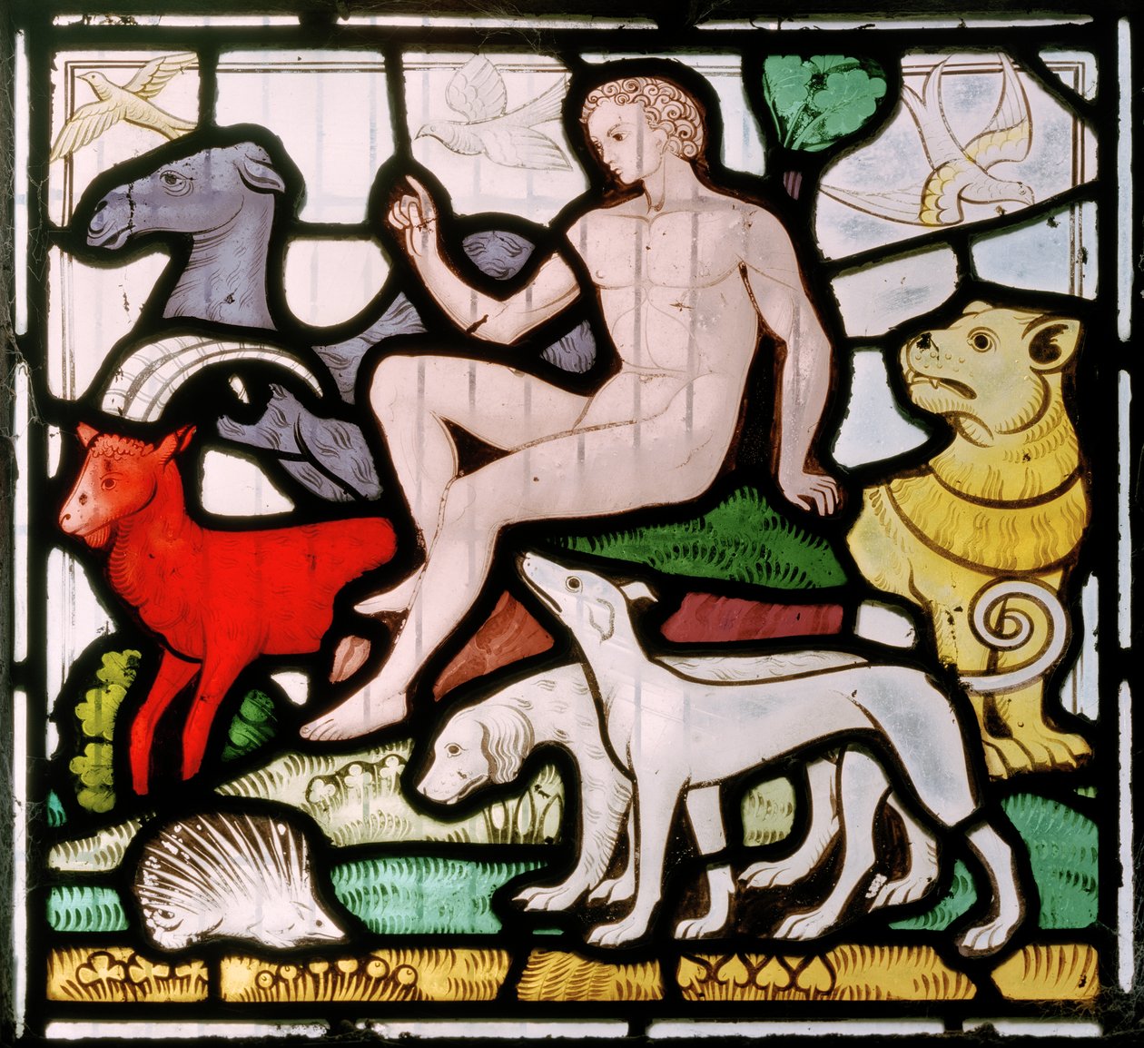 Daylesford, St Peter, Clayton & Bell, John Richard Clayton (1827-1913), Adam blant dyrene, Creation window, ca. 1860 av John Richard Clayton