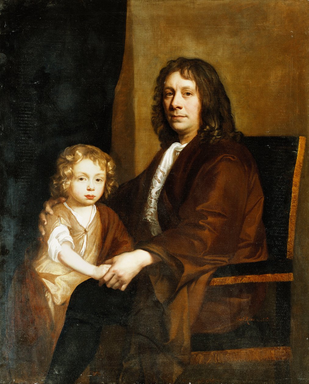 Portrett av Thomas Rowe og hans sønn, sittende tre-kvarts lengde, førstnevnte i brun kjole, sistnevnte i brun kjole og omslag, av John Riley