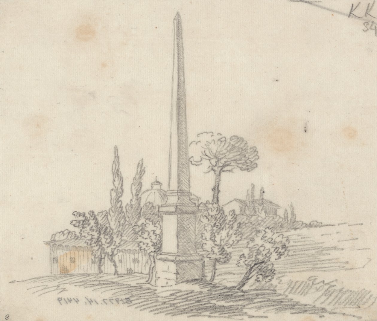 En obelisk med tak og trær i det fjerne av John Robert Cozens