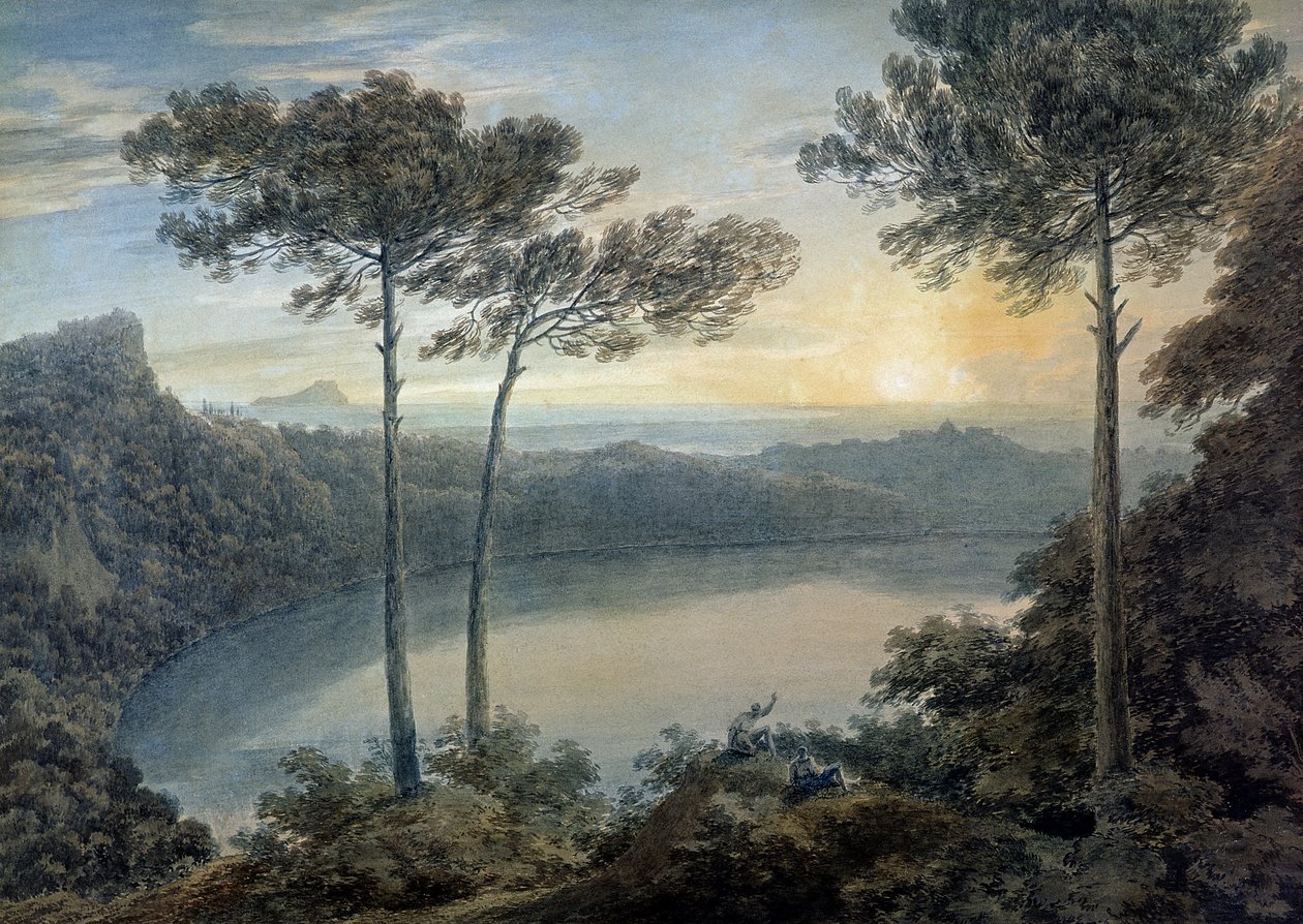 Lake Albano og Gandolfo Castle (akvarell på papir) av John Robert Cozens