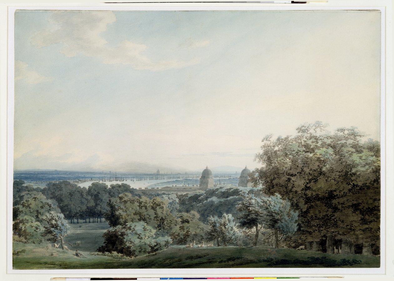 London fra Greenwich Hill, ca. 1791 (wc, svart blekk og vask over grafitt på vevd papir) av John Robert Cozens