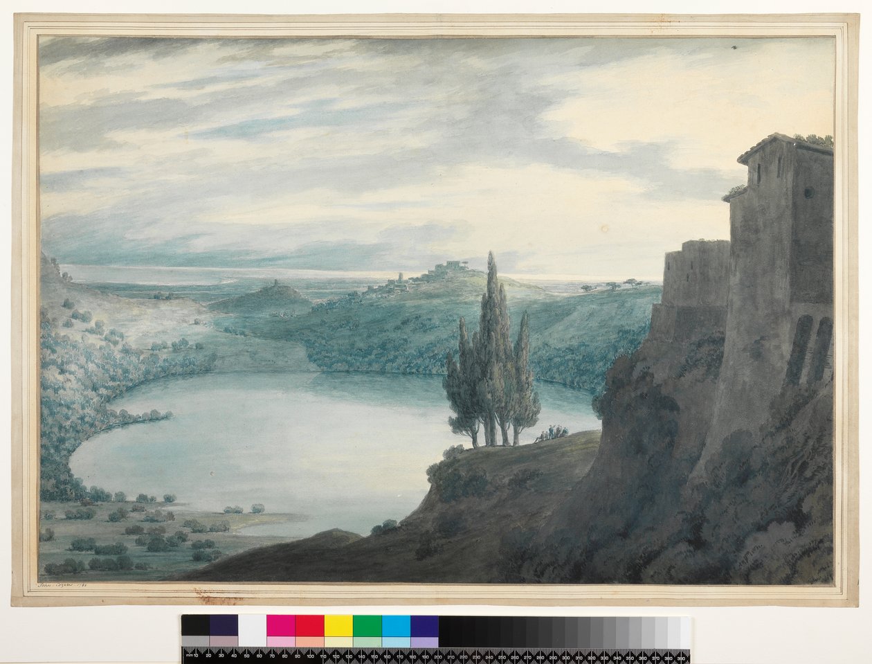No.3464 Lake Nemi, Campagna, Italia, 1788 (wc, blekk og blyant) av John Robert Cozens