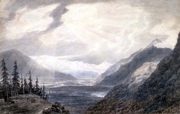 PD.6-1965 Pays de Valais, nær Genfersjøen, ca. 1776 (indisk blekk, blyant og vask på papir) av John Robert Cozens