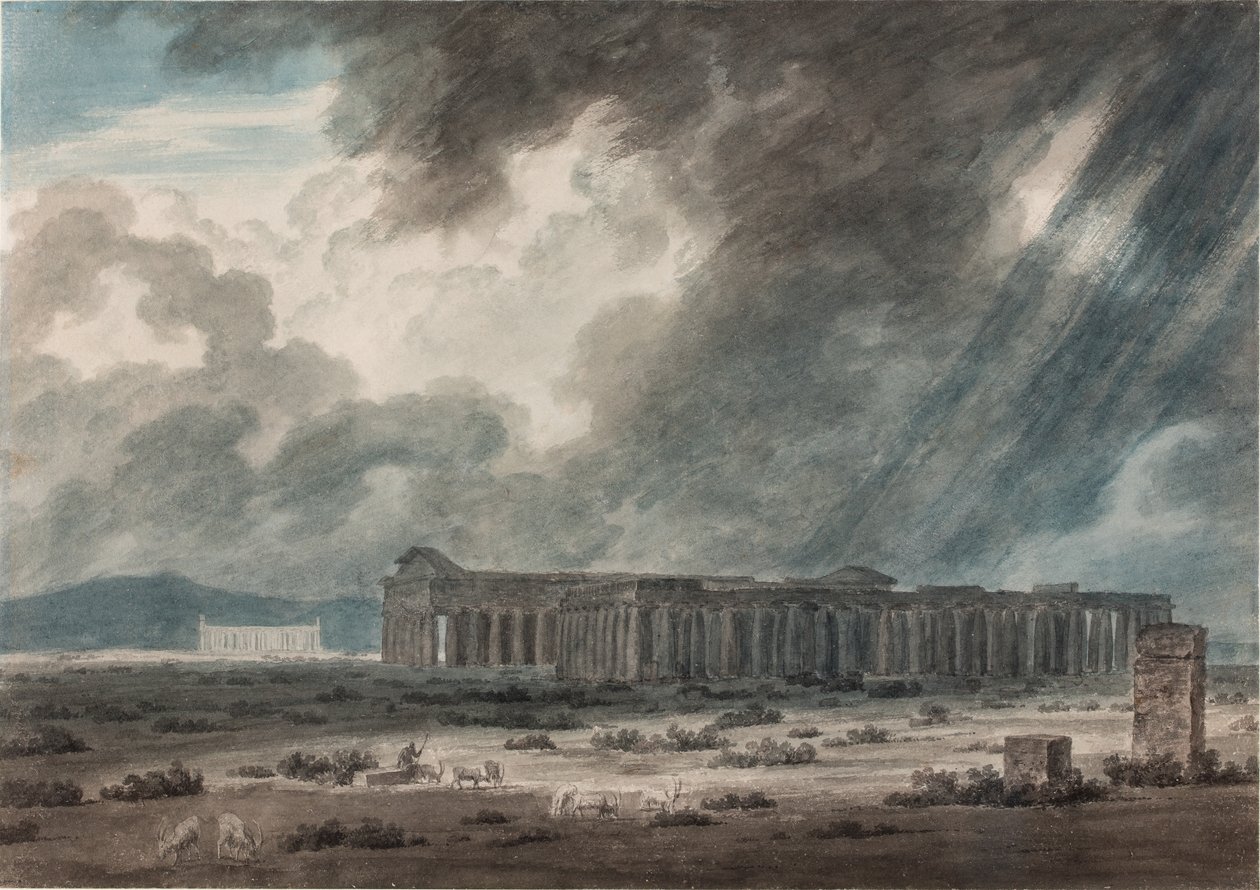Ruinene av Paestum nær Salerno: De tre templene, ca. 1792 (akvarell, blekk og blyant på papir) av John Robert Cozens