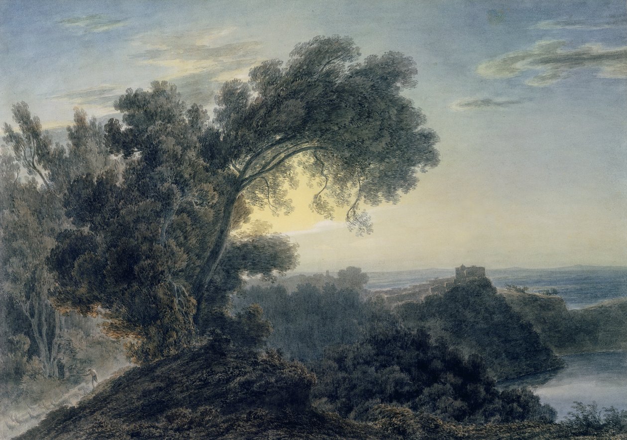 The Lake of Albano og Castle Gandolfo (akvarell over grafitt på vevd papir) (se også 151685) av John Robert Cozens