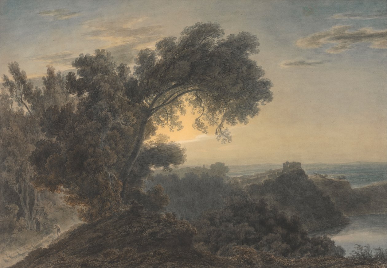 Albanosjøen og slottet Gandolfo av John Robert Cozens