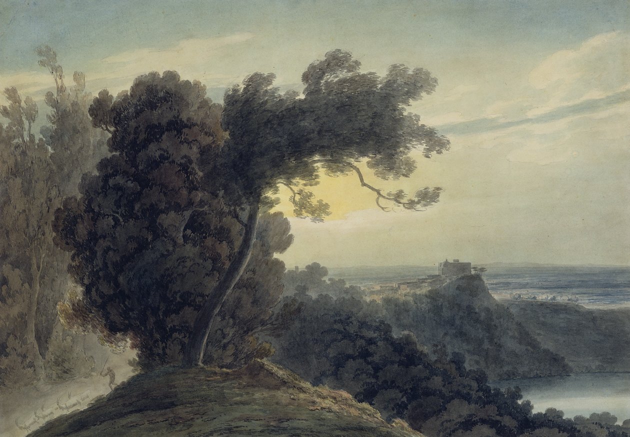 The Lake of Albano og Castle Gandolfo, ca. 1783-85 (grafitt og akvarell på vevd papir) (se også 252095) av John Robert Cozens
