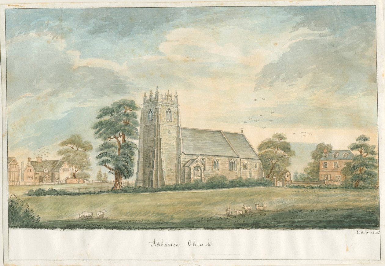 Adbaston Church: penn og vask tegning, 1836 av John Robert Fernyhough