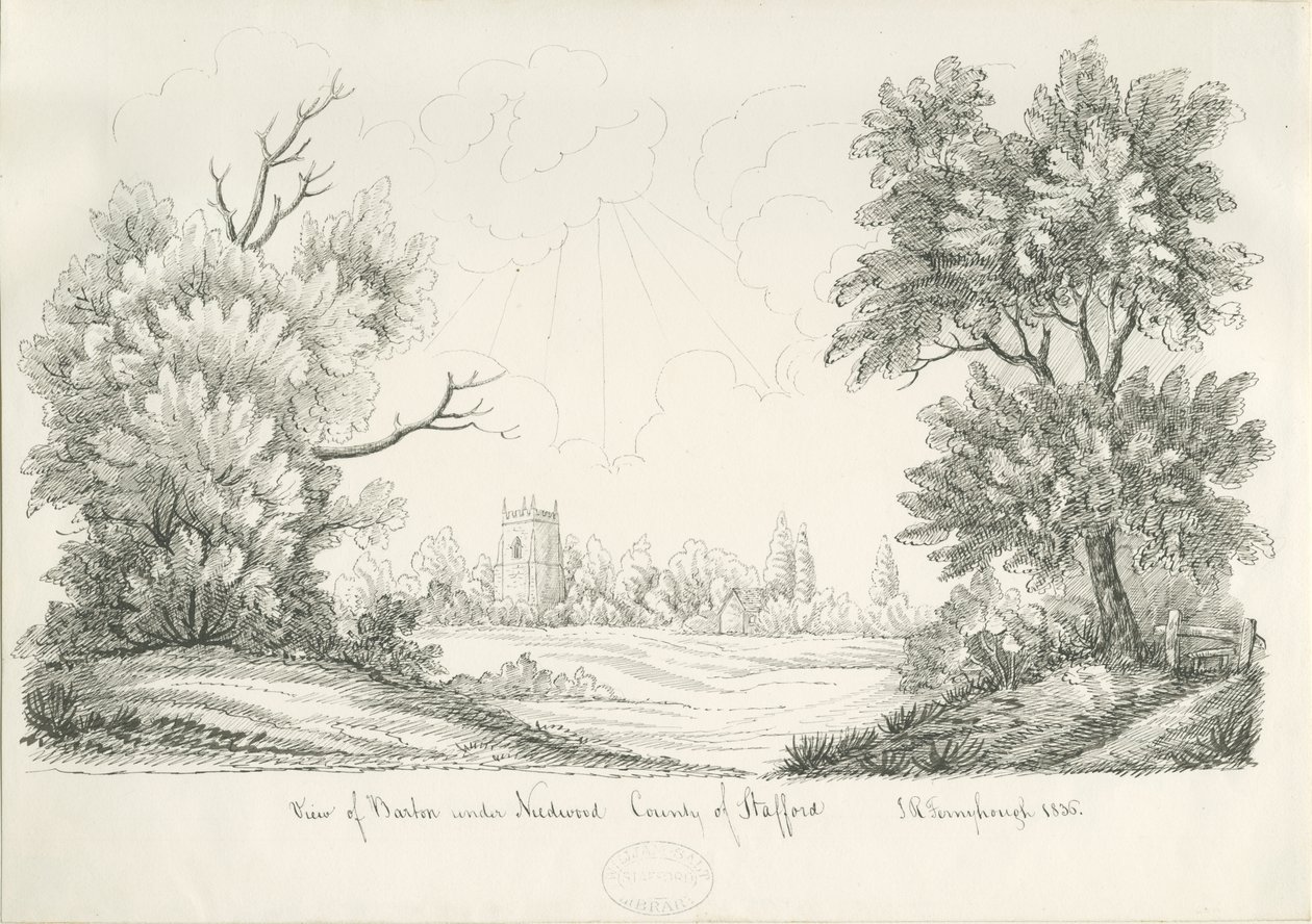Barton under Needwood Village: penn- og blekktegning, 1836 av John Robert Fernyhough