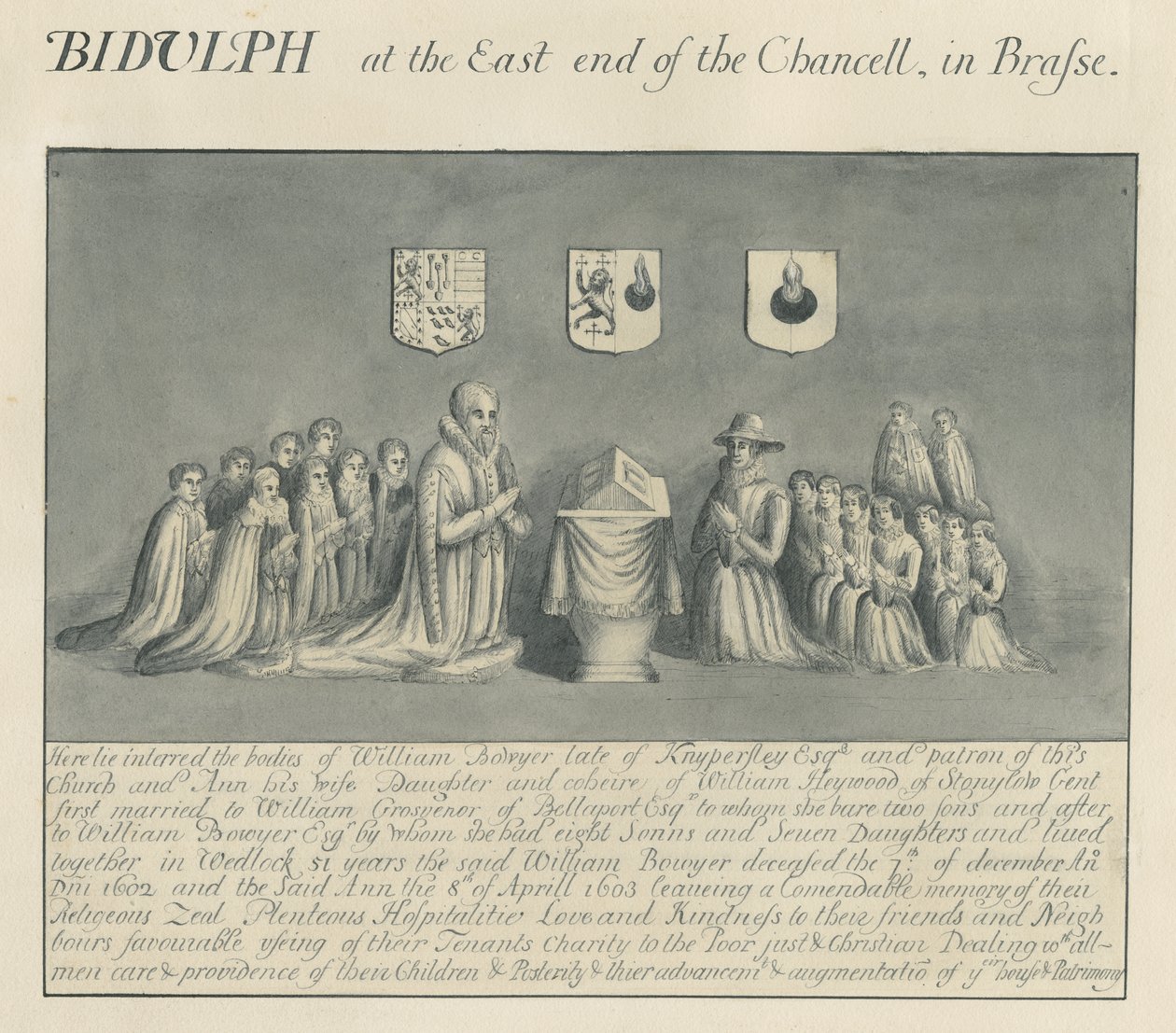 Messingplate i Biddulph Church - William Bowyer fra Knipersley: penn- og vasketegning, nd [?19. århundre] (tegning) av John Robert Fernyhough