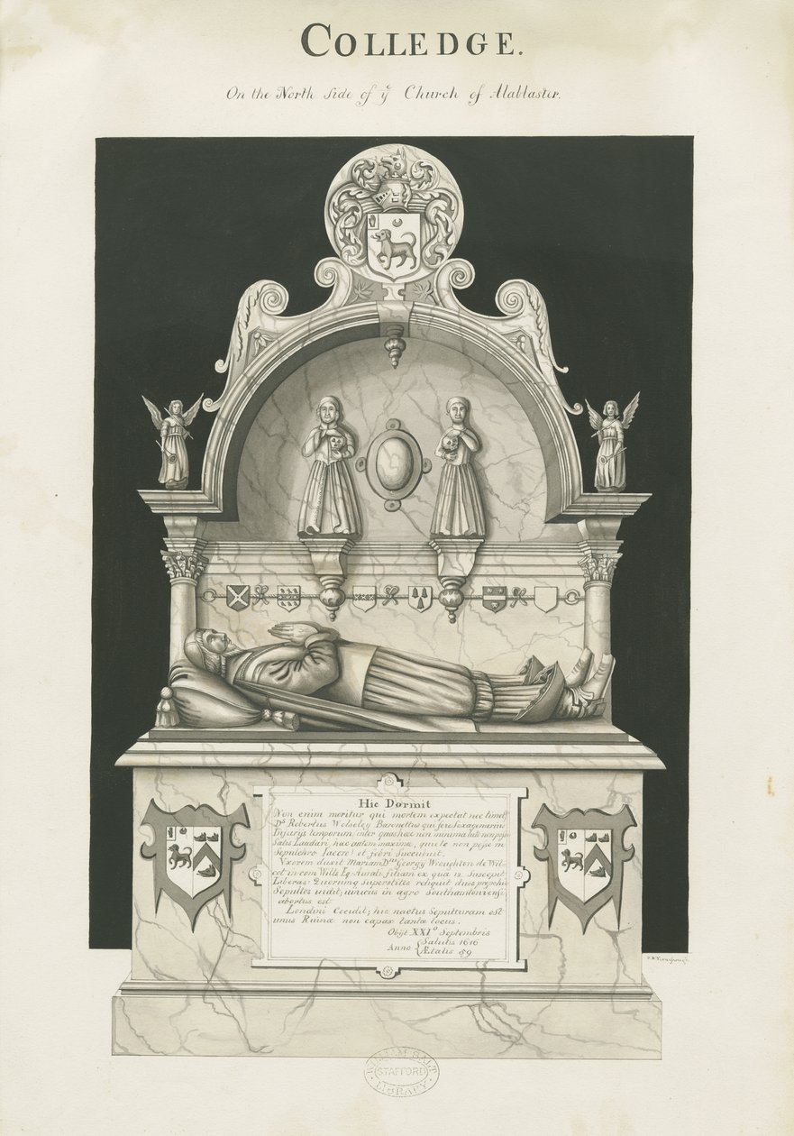 Colwich - Tomb of Robert Wolseley: sepia-tegning, nd [c 1837] av John Robert Fernyhough