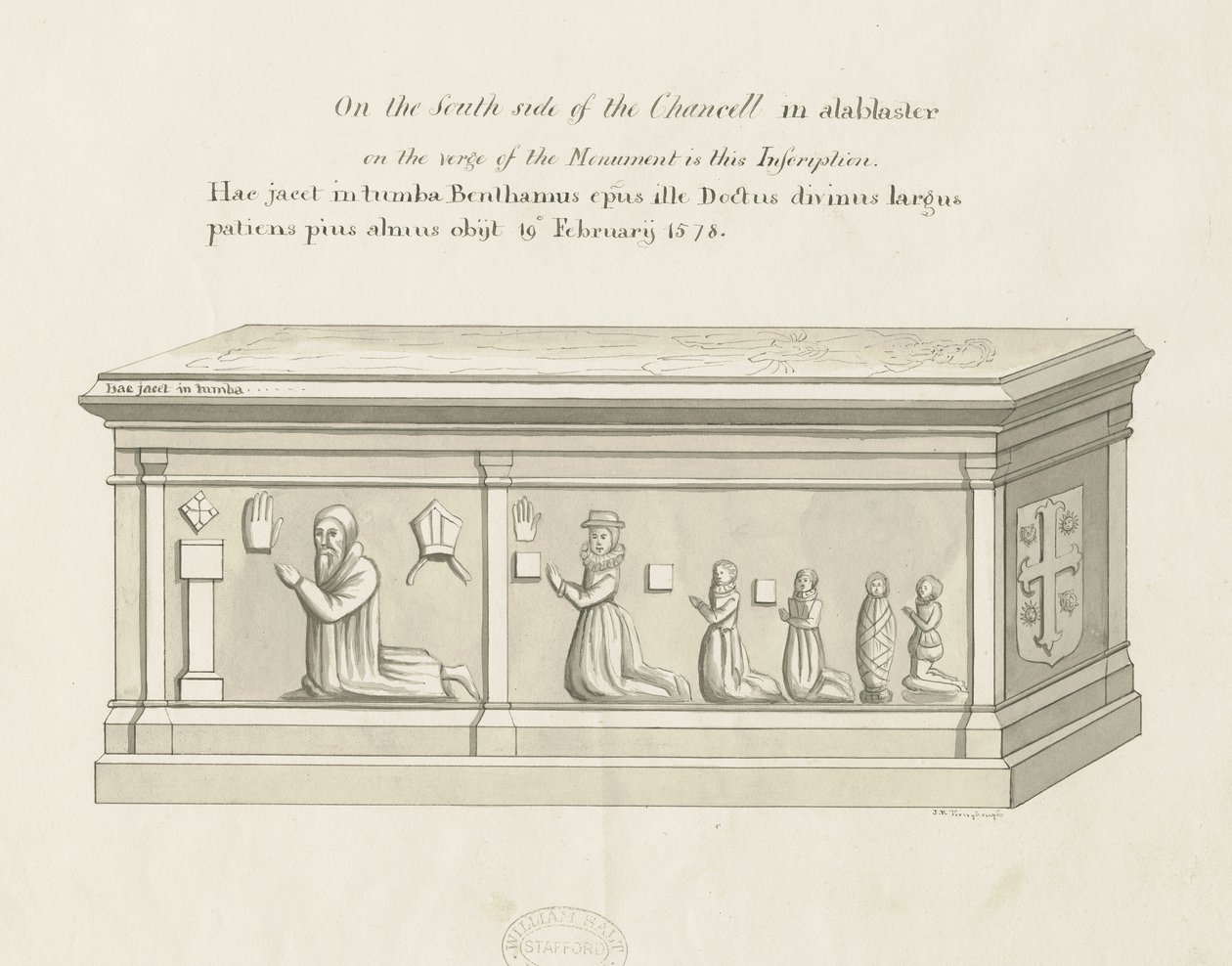 Eccleshall Church - Biskop Benthams grav: penn- og vasketegning, nd [1800-tallet] (tegning) av John Robert Fernyhough