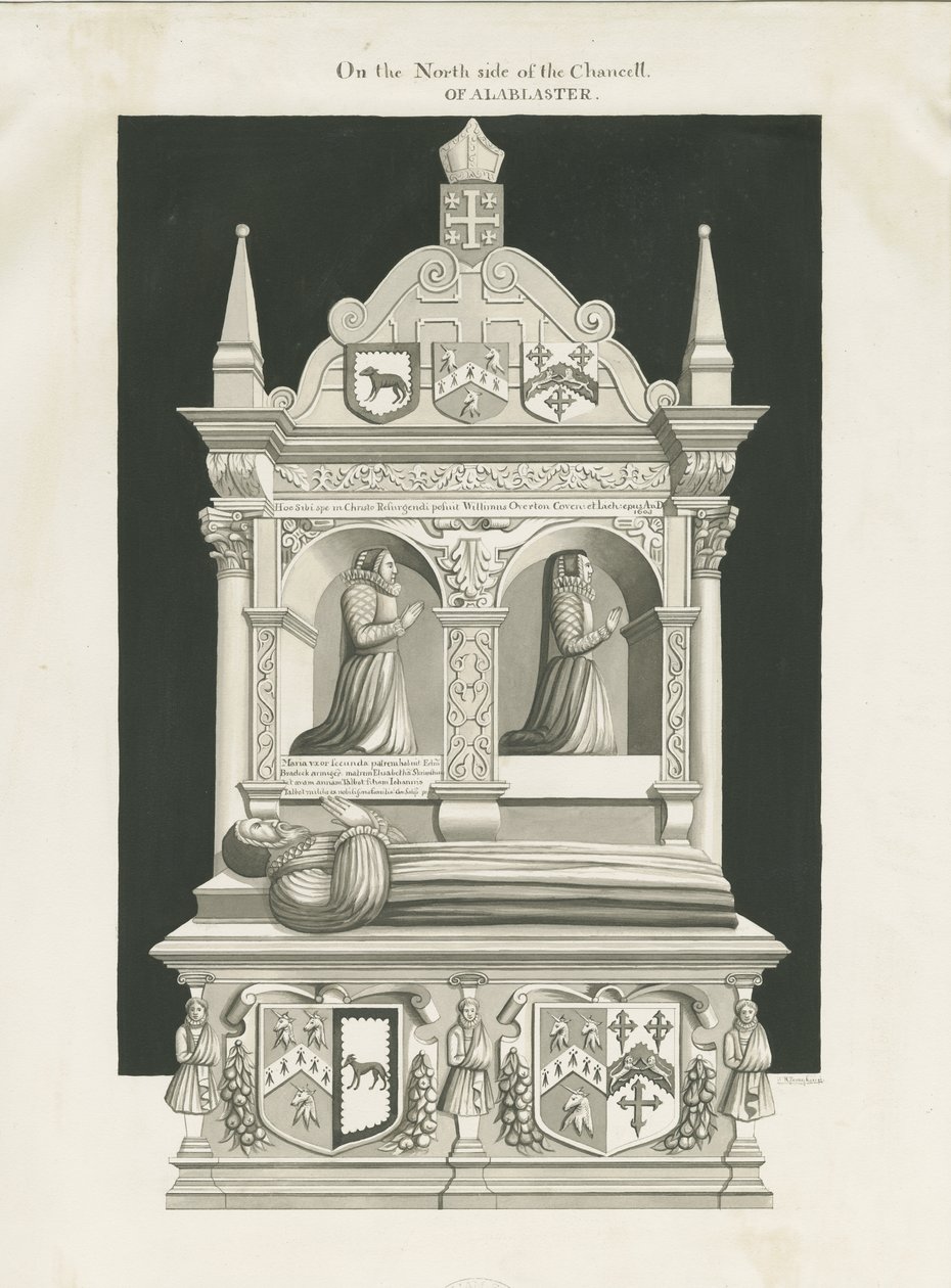 Eccleshall Church - Biskop William Overtons grav: sepia-tegning, nd [1800-tallet] (tegning) av John Robert Fernyhough