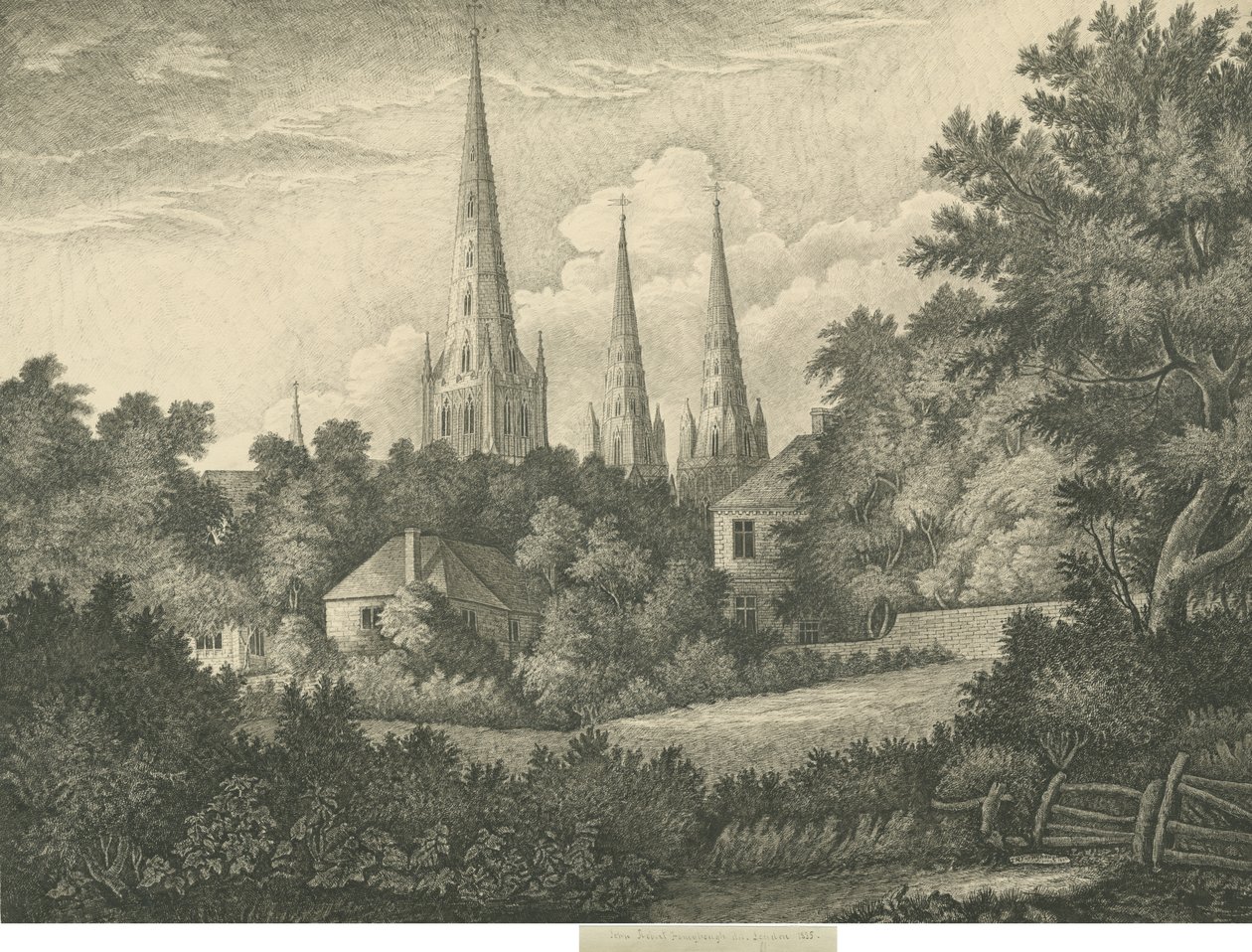 Lichfield Cathedral - North East View: penn- og blekktegning, 1835 av John Robert Fernyhough