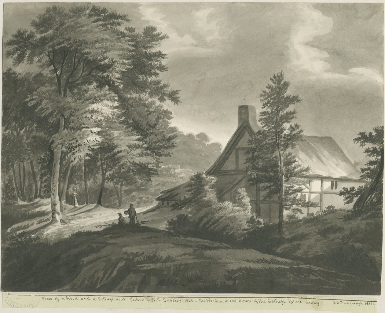 Rugeley - Hytte nær Etchinghill: mørk sepia vasketegning, 1835 av John Robert Fernyhough