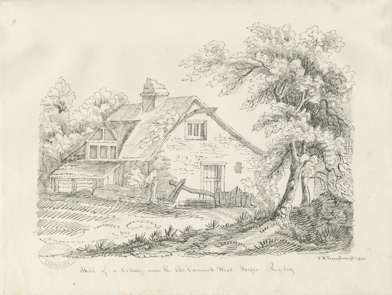 Rugeley - Hytte nær Old Cannock Wood Forges: penn- og blekktegning av John Robert Fernyhough