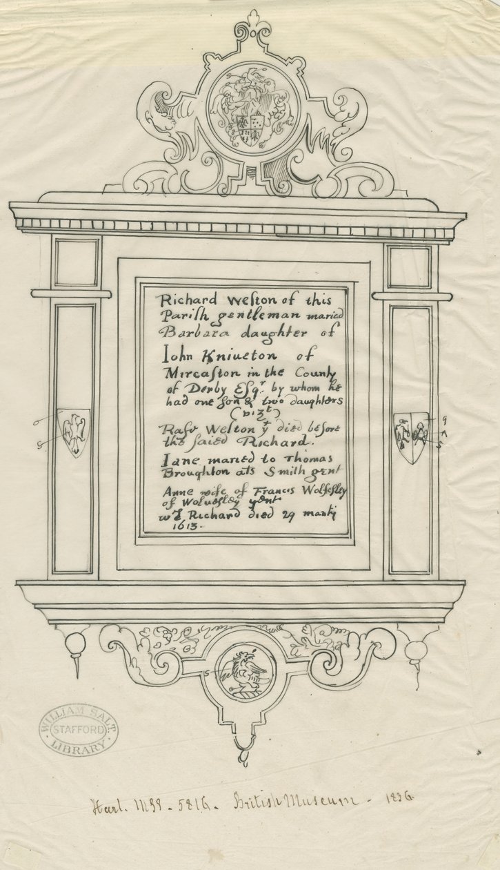 Rugeley Church (gamle) - Monument til Richard Weston: penn- og blekksporing av John Robert Fernyhough