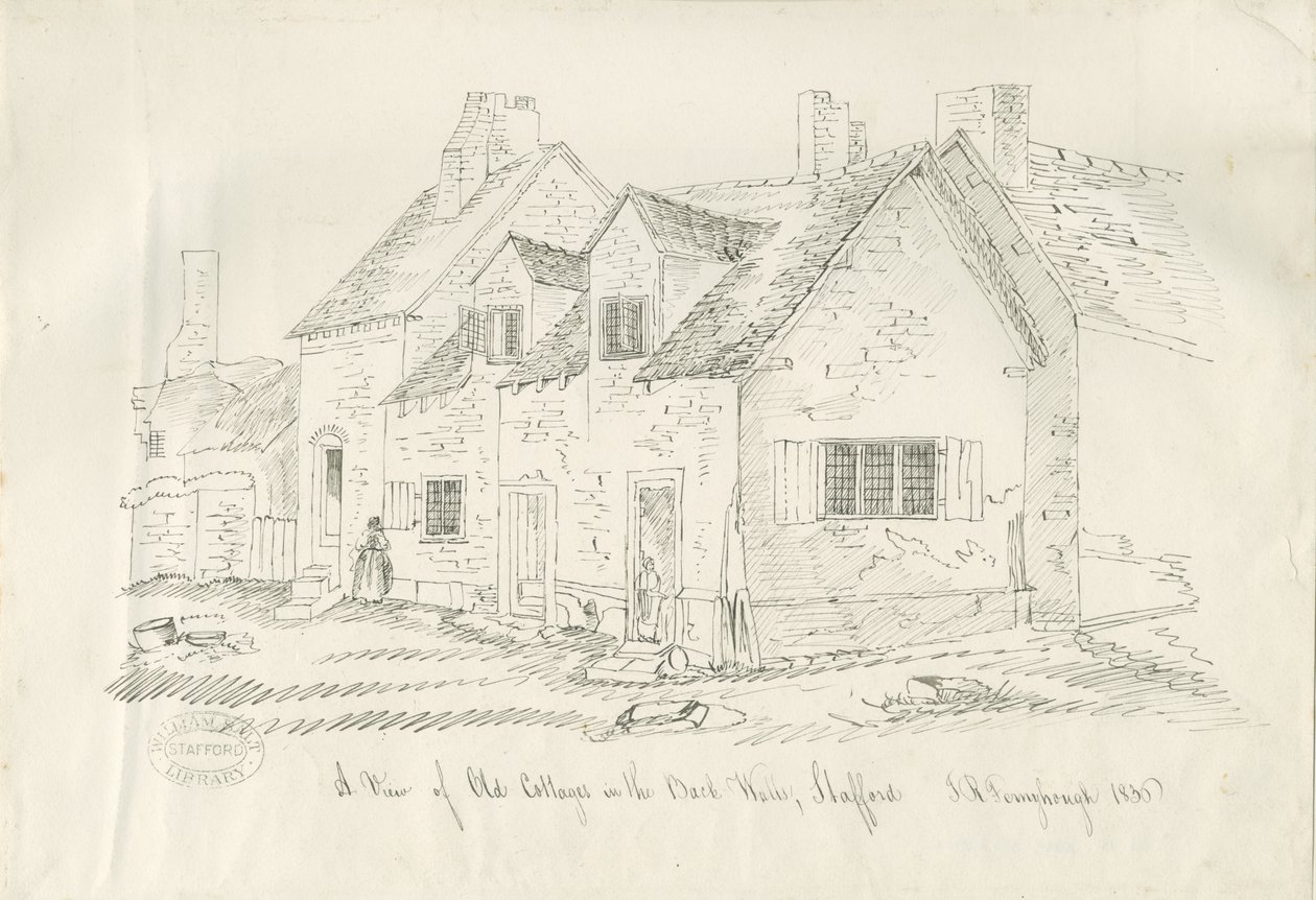 Stafford - Old Cottage in Back Walls: penn- og blekktegning, 1836 av John Robert Fernyhough
