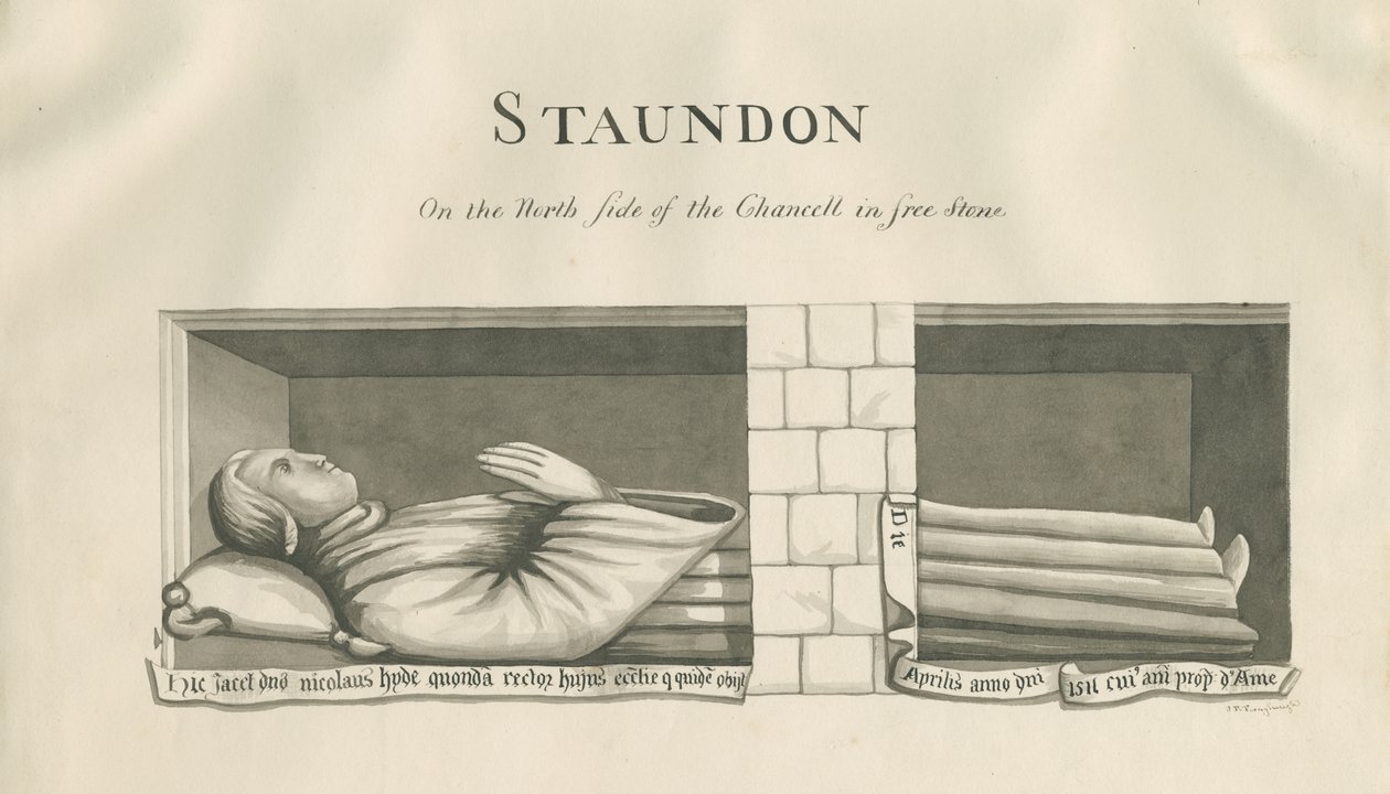 Standon Church - Wall Tomb to Nicholas Hyde: sepia-tegning, nd [1800-tallet] av John Robert Fernyhough