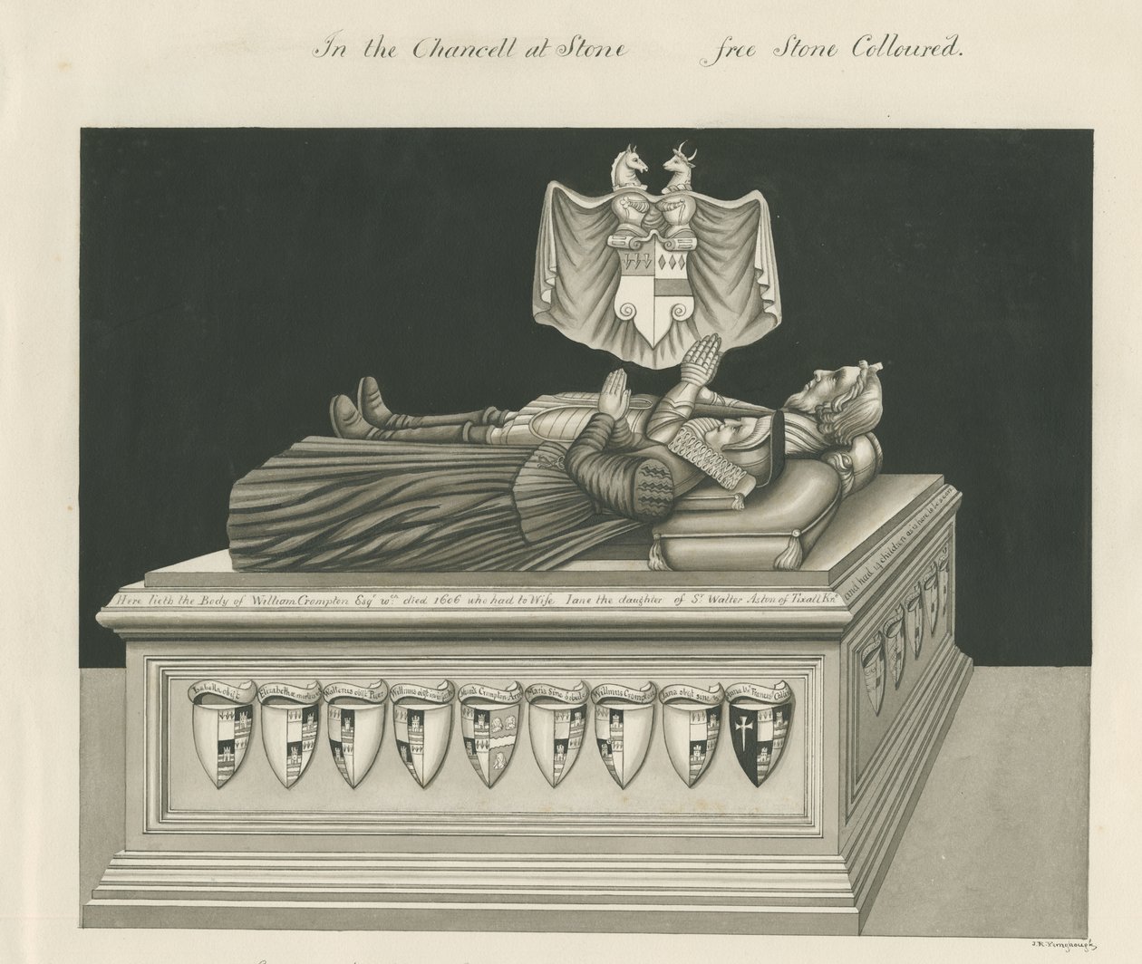 Stone - Tomb of William Crompton: sepia-tegning, nd [1800-tallet] av John Robert Fernyhough