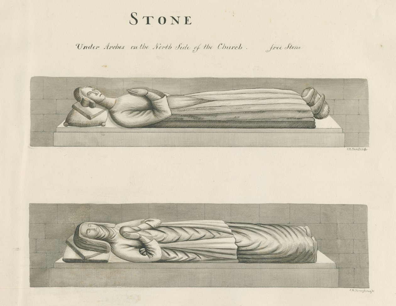 Steinkirke - Graver: sepia-tegning, nd [1800-tallet] (tegning) av John Robert Fernyhough