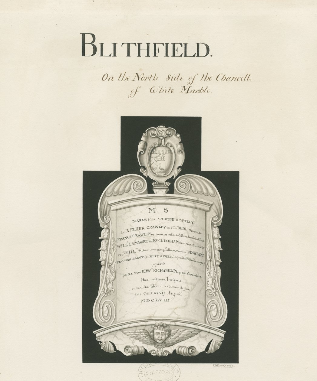 Nettbrett i Blithfield Church - Mary Crawley: sepia vask, nd [?19th cent] (tegning) av John Robert Fernyhough