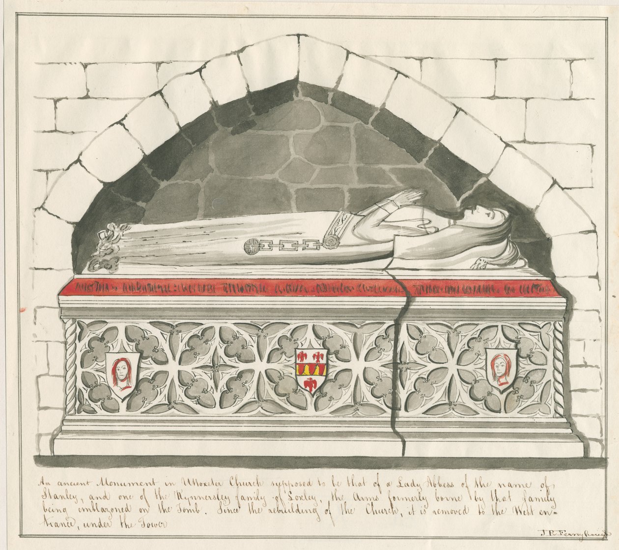 Uttoxeter Church - Tomb of Lady Abbedss of Kynnersley Family: penn- og vasketegning, nd [midten av 1800-tallet] av John Robert Fernyhough
