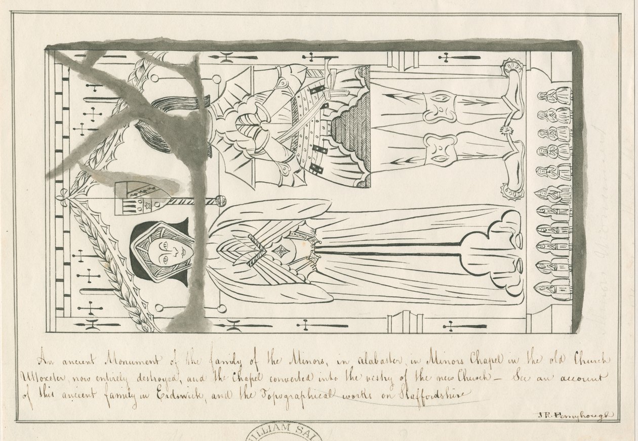 Uttoxeter kirke - Tomb of the Minderårige Family: penn- og blekktegning, nd [midten av 1800-tallet] av John Robert Fernyhough
