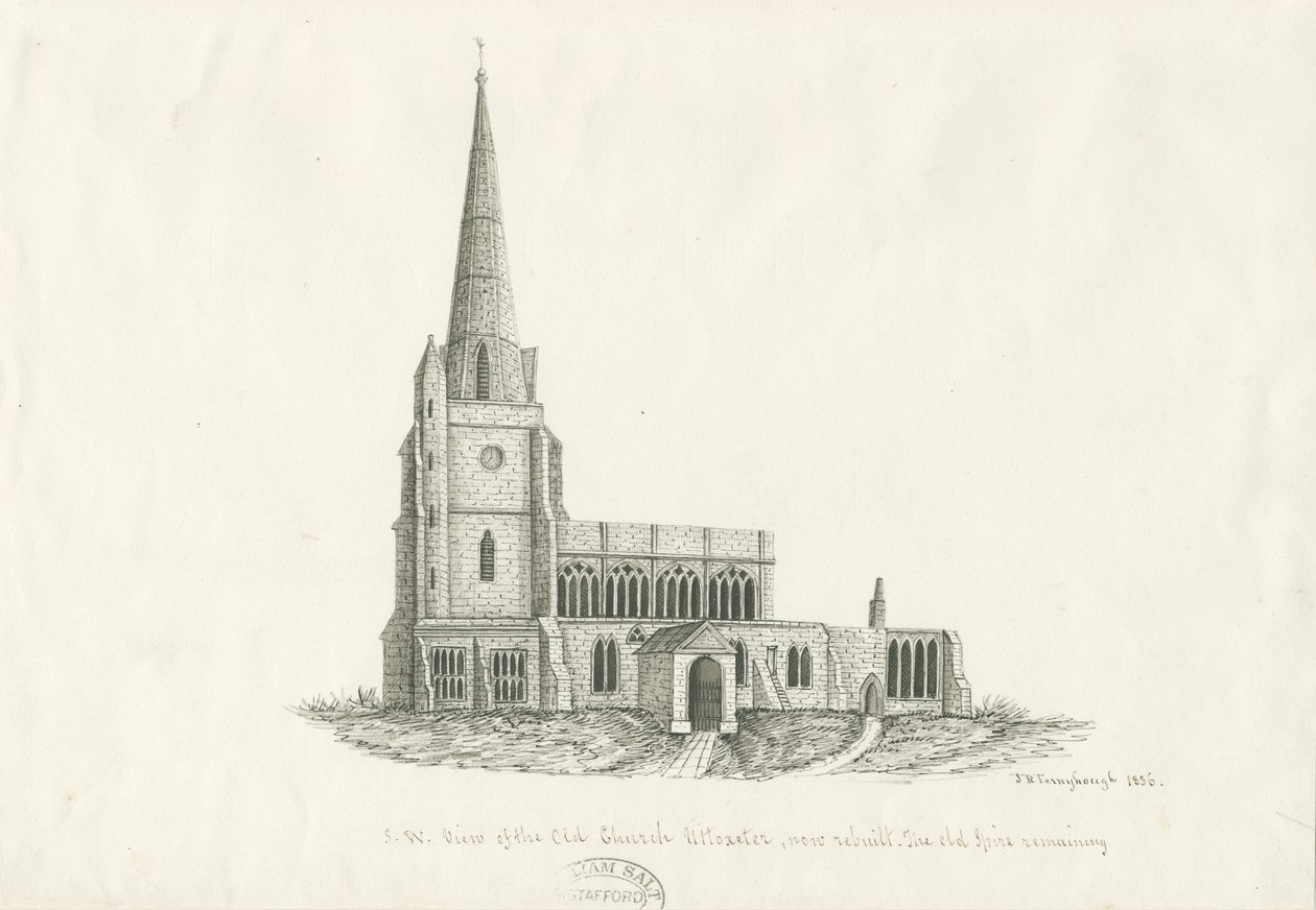 Uttoxeter kirke [gammel]: penn- og blekktegning, 1836 av John Robert Fernyhough