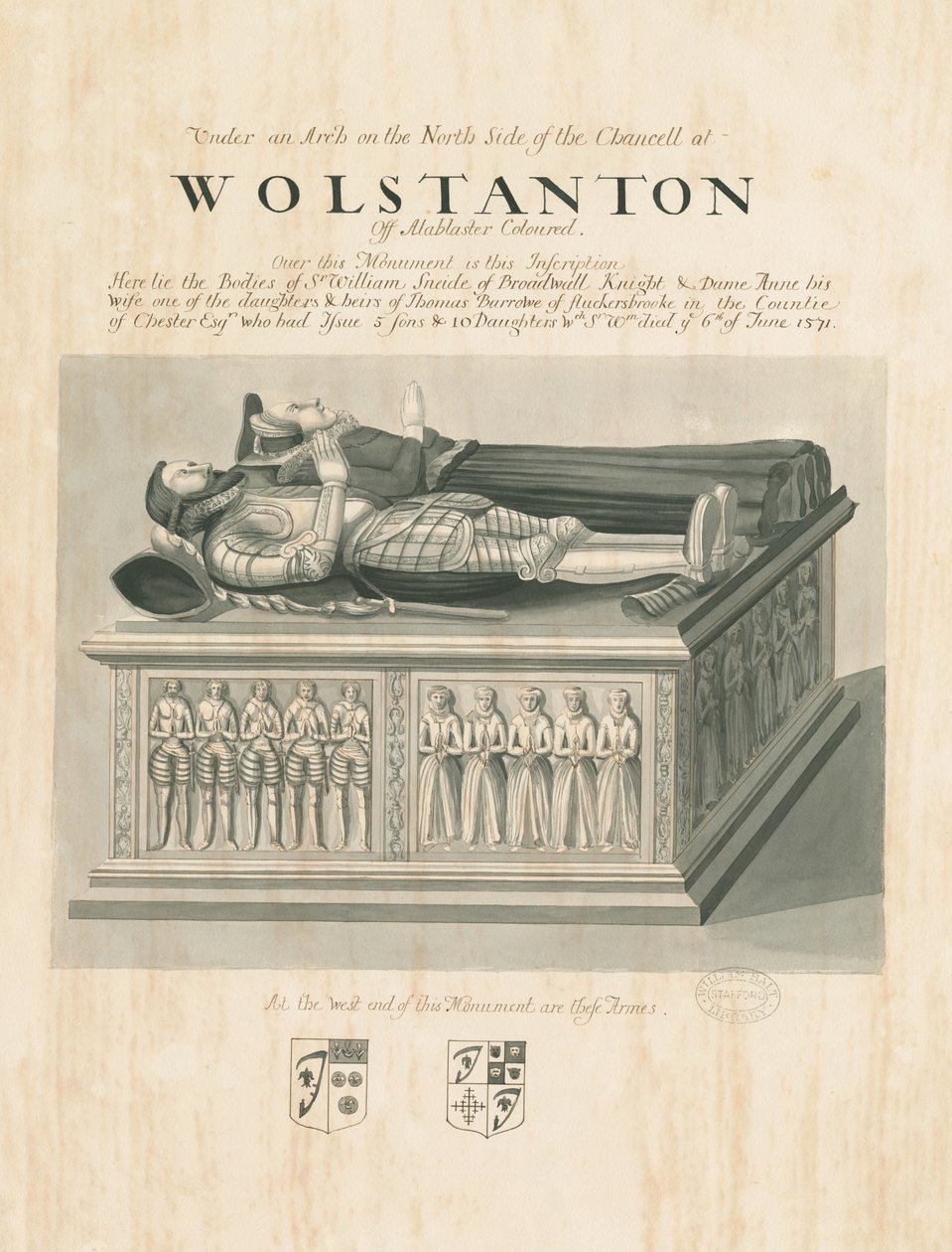 Wolstanton Church - Tomb of Sir William Sneide og Dame Anne: sepia- og penntegning, nd [?19th cent] (tegning) av John Robert Fernyhough