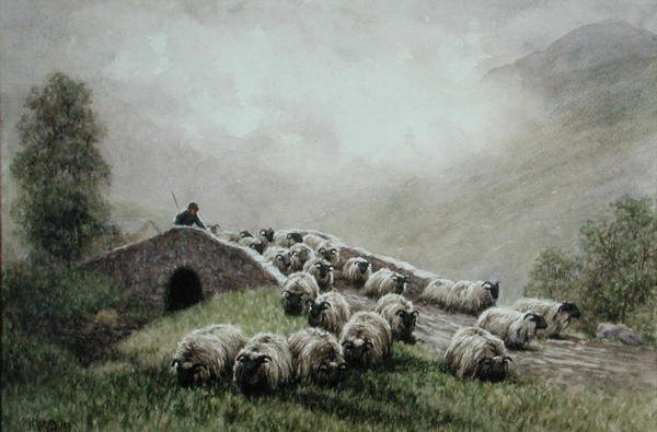 Highland Bridge med hyrde og flokk (akvarell på papir) av John Robert Keitley Duff