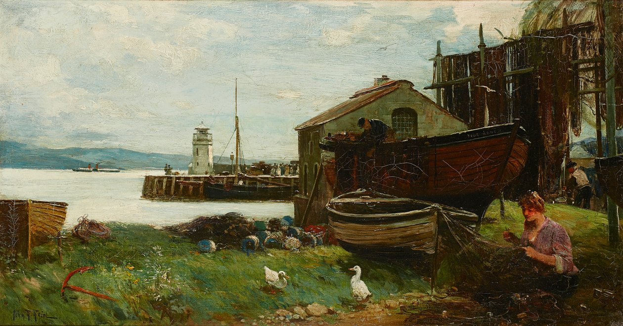 Mending the Nets, Ardrishaig (olje på lerret) av John Robertson Reid