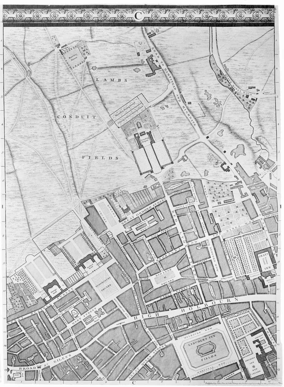 Et kart over Bloomsbury og Holborn, London, 1746 av John Rocque