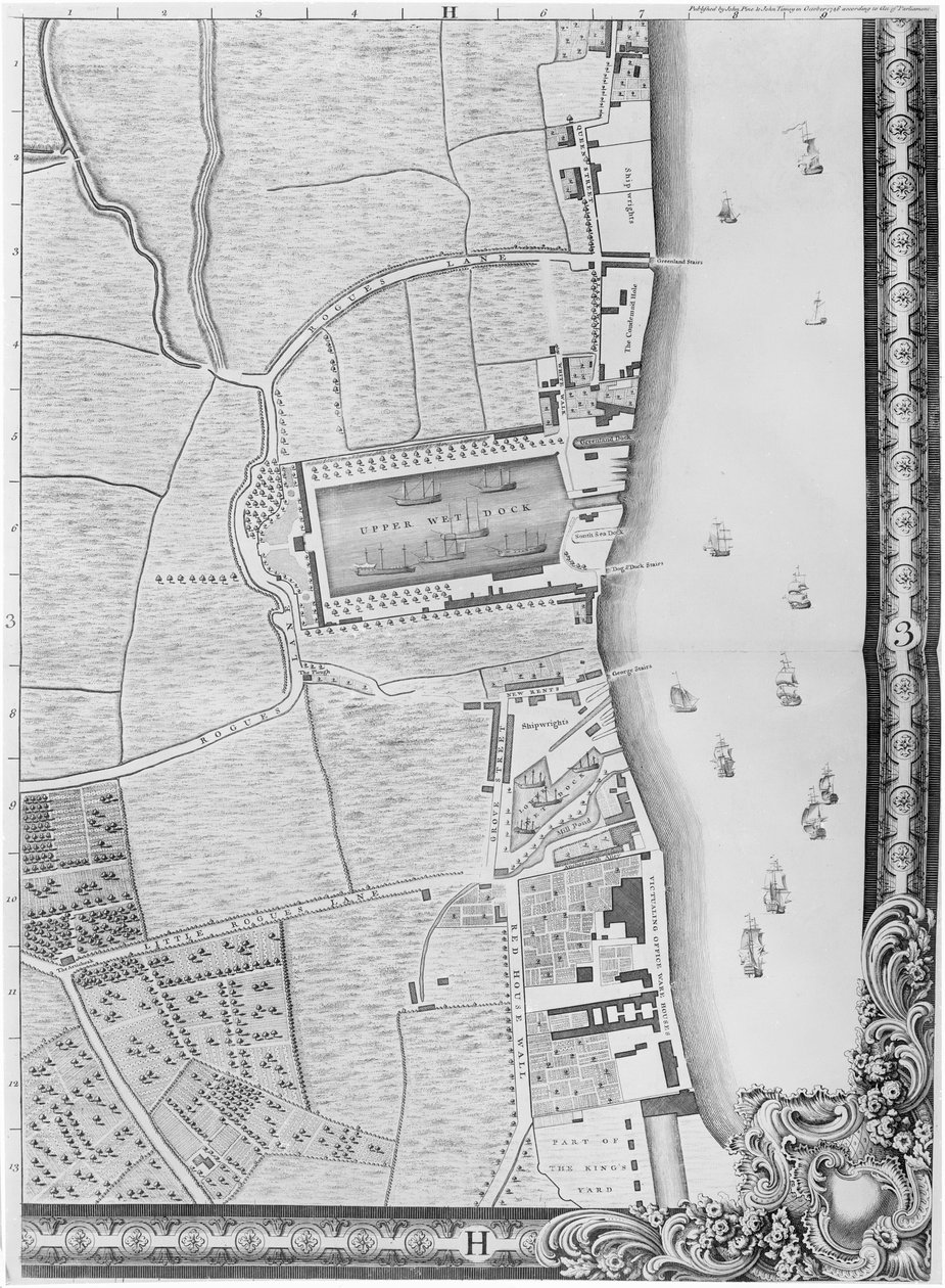 Et kart over Lower Rotherhithe Docks, London, 1746 (gravering) av John Rocque