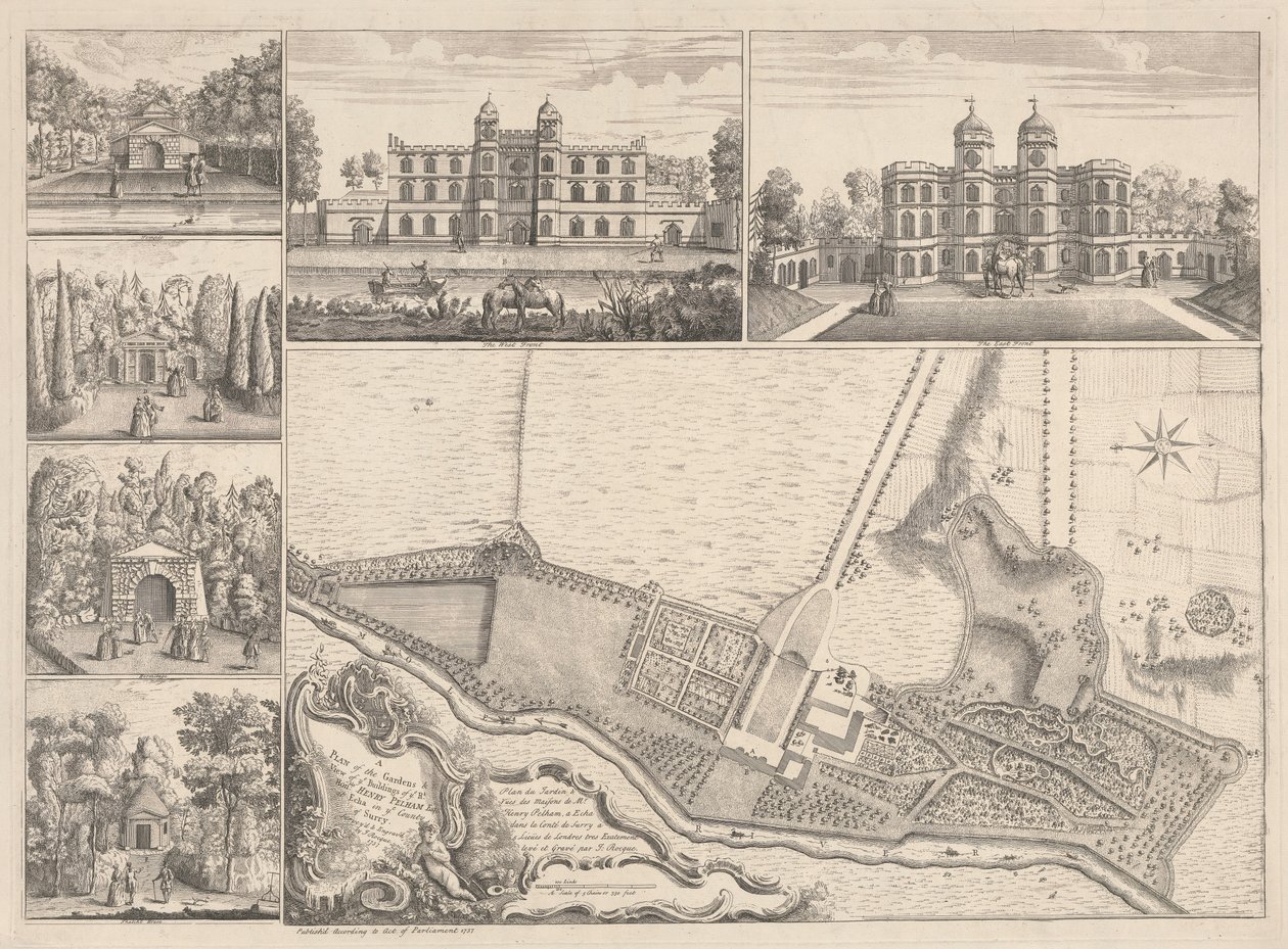A Plan of the Gardens & View of Ye Buildings of ye Right Honorable Henry Pelham, Esqr. på Echa i Ye County of Surrey av John Rocque