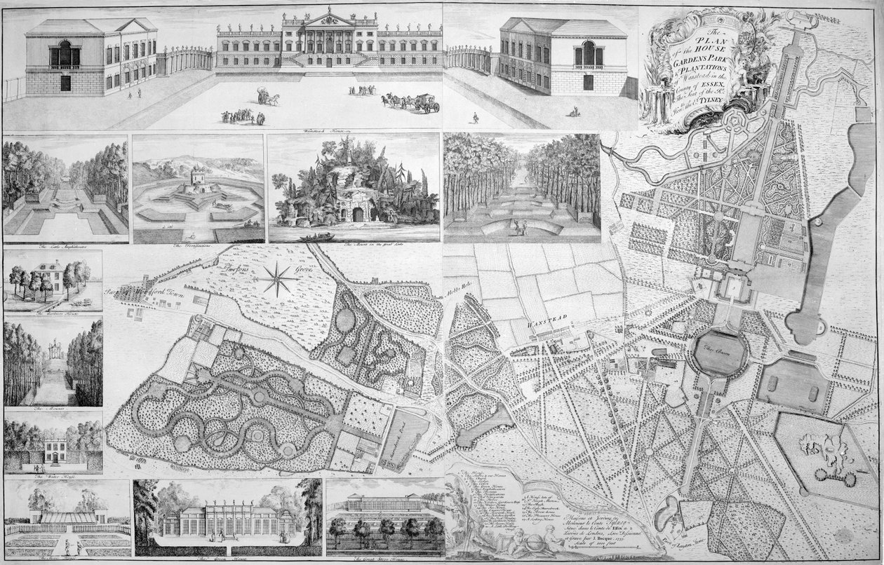 En plan over huset, hagene, parken og plantasjene til Wanstead, setet til jarlen av Tylney, 1735 av John Rocque