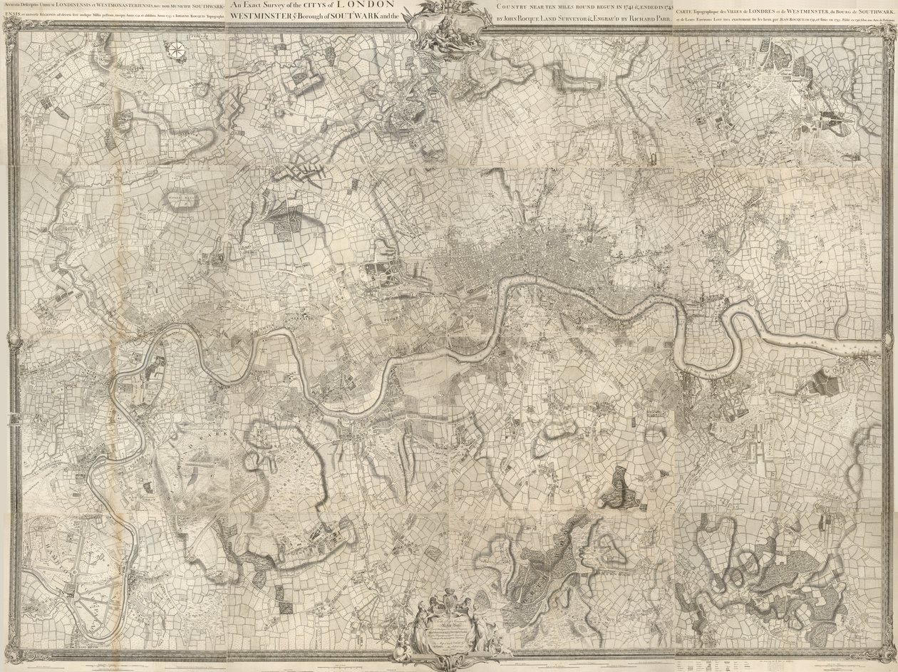 Et kart over london fra 1700-tallet. En eksakt undersøkelse av byene London, Westminster ye Borough of Southwark og landet nær ti miles rundt begynte i 1741 og ble avsluttet i 1745 / av John Rocque landmåler og (gravert) av Richard Parr. av John Rocque