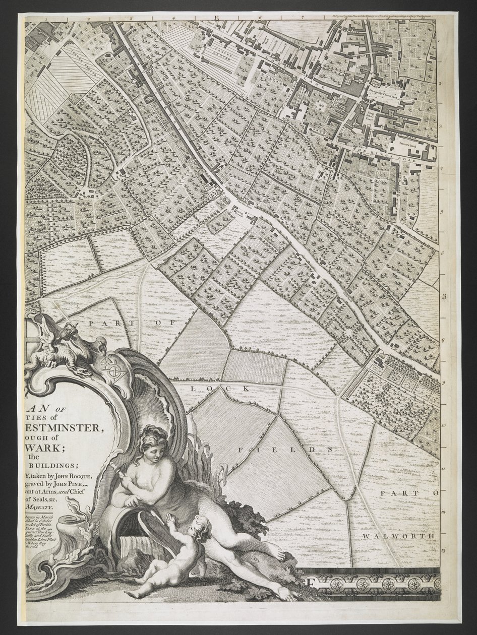 Plan of London, en del av Lock-feltene,  En plan over byene London og Westminster, og bydelen Southwark; : med de sammenhengende bygningene; Fra en faktisk undersøkelse, / tatt av JOHN ROCQUE, Land-Surveyor, og gravert av John Pine,  John Rocque av John Rocque