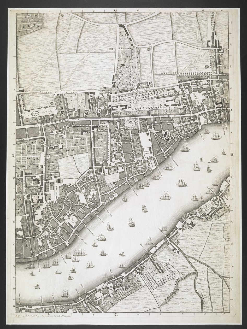 Plan over London, Ratcliff motorvei, Upper Shadwell road,  En plan over byene London og Westminster, og bydelen Southwark; : med de sammenhengende bygningene; Fra en faktisk undersøkelse, / tatt av JOHN ROCQUE, Land-Surveyor, og gravert av John Pine,  J av John Rocque