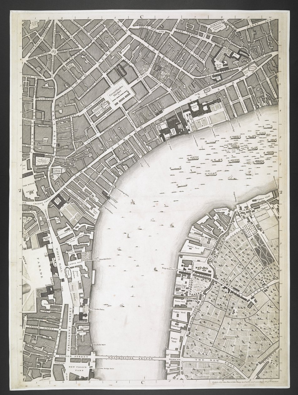Plan over London, The Strand, Westminster bridge,  En plan over byene London og Westminster, og bydelen Southwark; : med de sammenhengende bygningene; Fra en faktisk undersøkelse, / tatt av JOHN ROCQUE, Land-Surveyor, og gravert av John Pine,  John Rocq av John Rocque