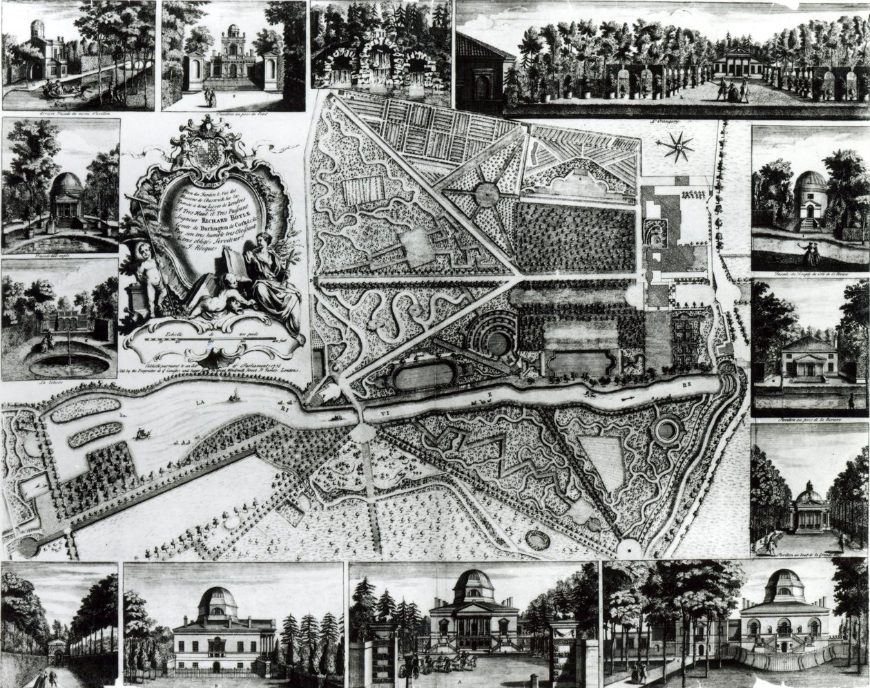 Plan over hagen og utsikt over husene i Chiswick på Themsen av John Rocque
