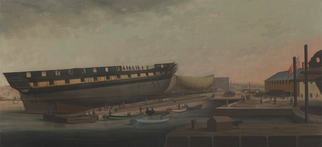 Heving opp Hans Majestets fregatt 'Diana' ved Blackburn's Yard, nær Plymouth av John Rogers
